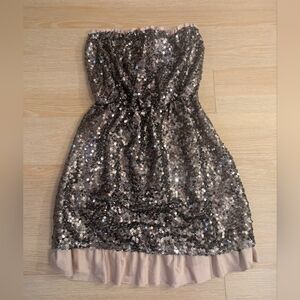 DKNY Glittering Silver Mini Dress with Soft Pink Trim